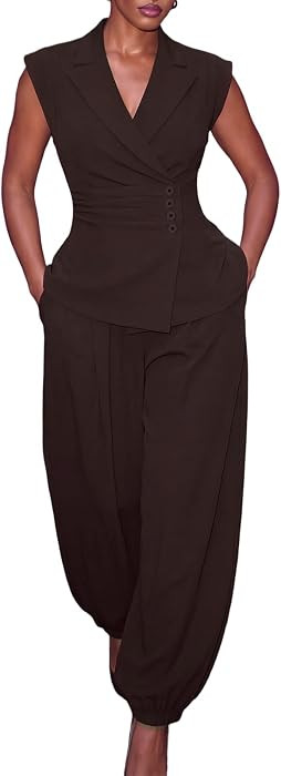Women's 2 Piece Blazer Set,Sleeveless Vest,and Palazzo Pants with Pocket | Amazon (US)