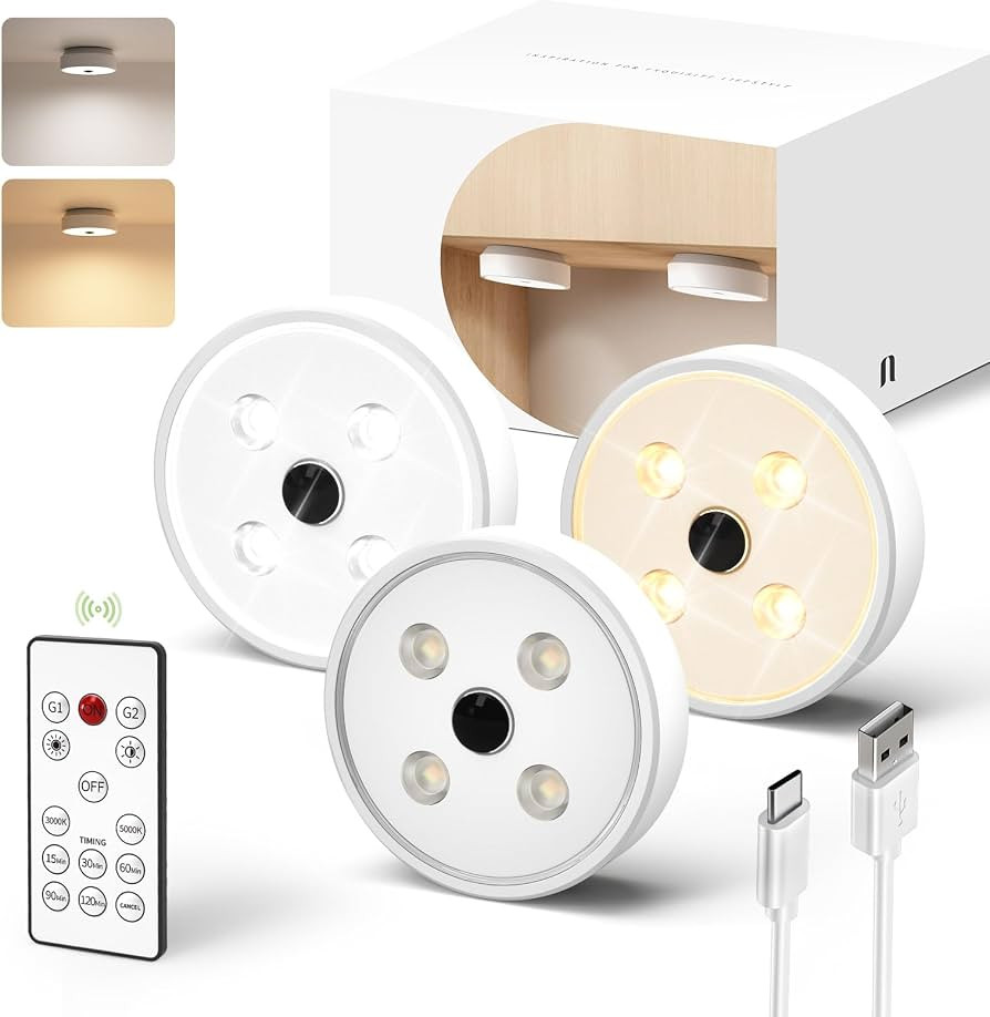 Under Cabinet Lights Wireless, 2 Color Temperatures Motion Sensor Light Indoor, Rechargeable Puck... | Amazon (US)