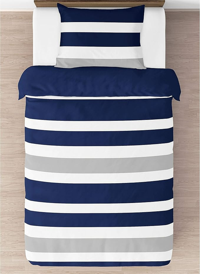 Navy Blue, Gray and White Stripe 4 Piece Childrens, Teen Boys Twin Bedding Set Collection | Amazon (US)