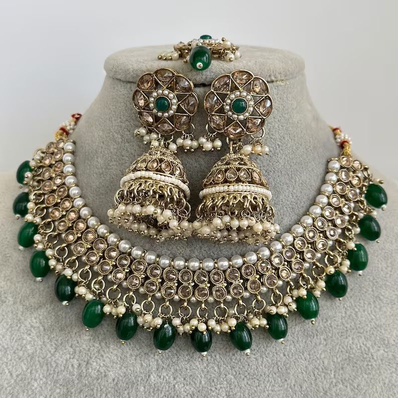 Green Antique Polki Kundan necklace set/Reverse Ad Necklace/Statement necklace/Indian/Punjabi Nec... | Etsy (US)