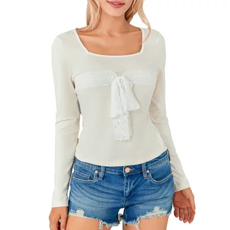 wybzd Women Long Sleeve T-Shirts Lace Patchwork Square Neck Shirts | Walmart (US)