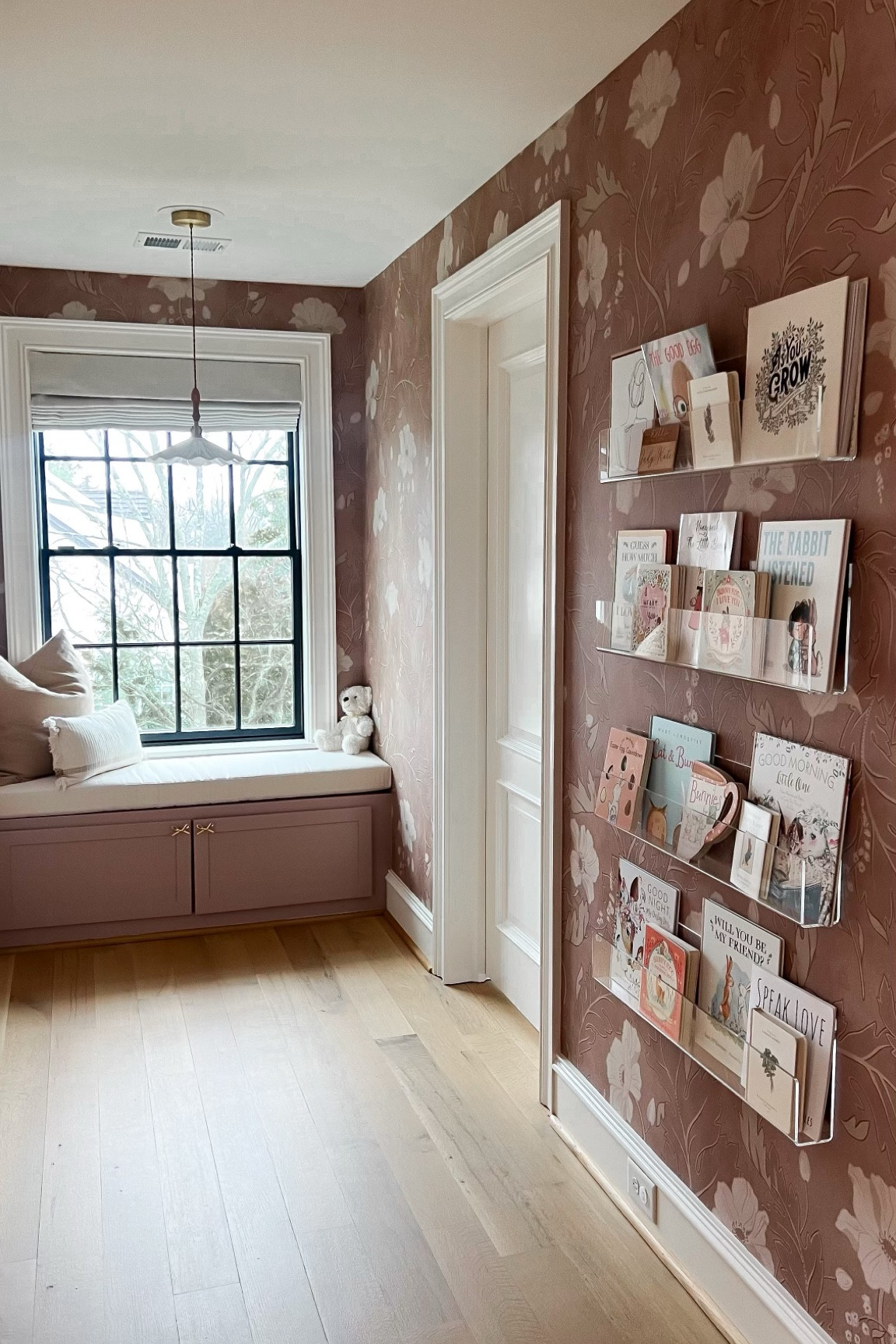 Easter books, book shelves, bow hardware, scallop pendant, neutral home, reading nook

#LTKhome #LTKkids #LTKbaby