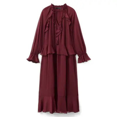 MANGO Ruffle Detail Long Sleeve Dress in Burgundy at Nordstrom, Size 6 | Nordstrom