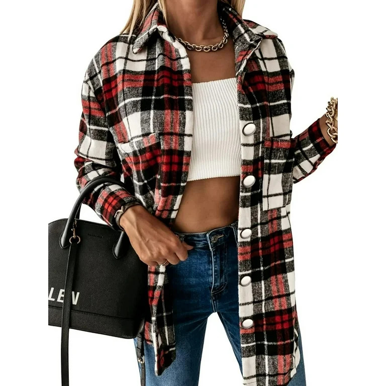 UVN Flannel Plaid Shirts for Women Shacket Jacket Long Sleeve Button Down Shirt Coats Top | Walmart (US)