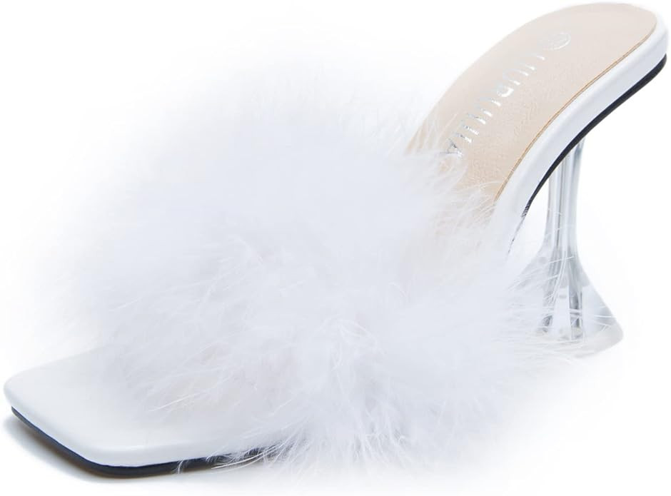 LIURUIJIA Women'S Square Toe Feathers High Heel Fur Mules Sandals Fuzzy Heels Fluffy Heels Weddin... | Amazon (US)