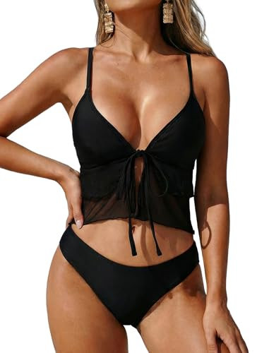 ZAFUL Womens Mesh Tankini Swimsuits Flowy Two Piece Bathing Suit V Neck Layered Ruffle Tie Front High Cut Cheeky Swimwear(0-Black,M) | Amazon (US)