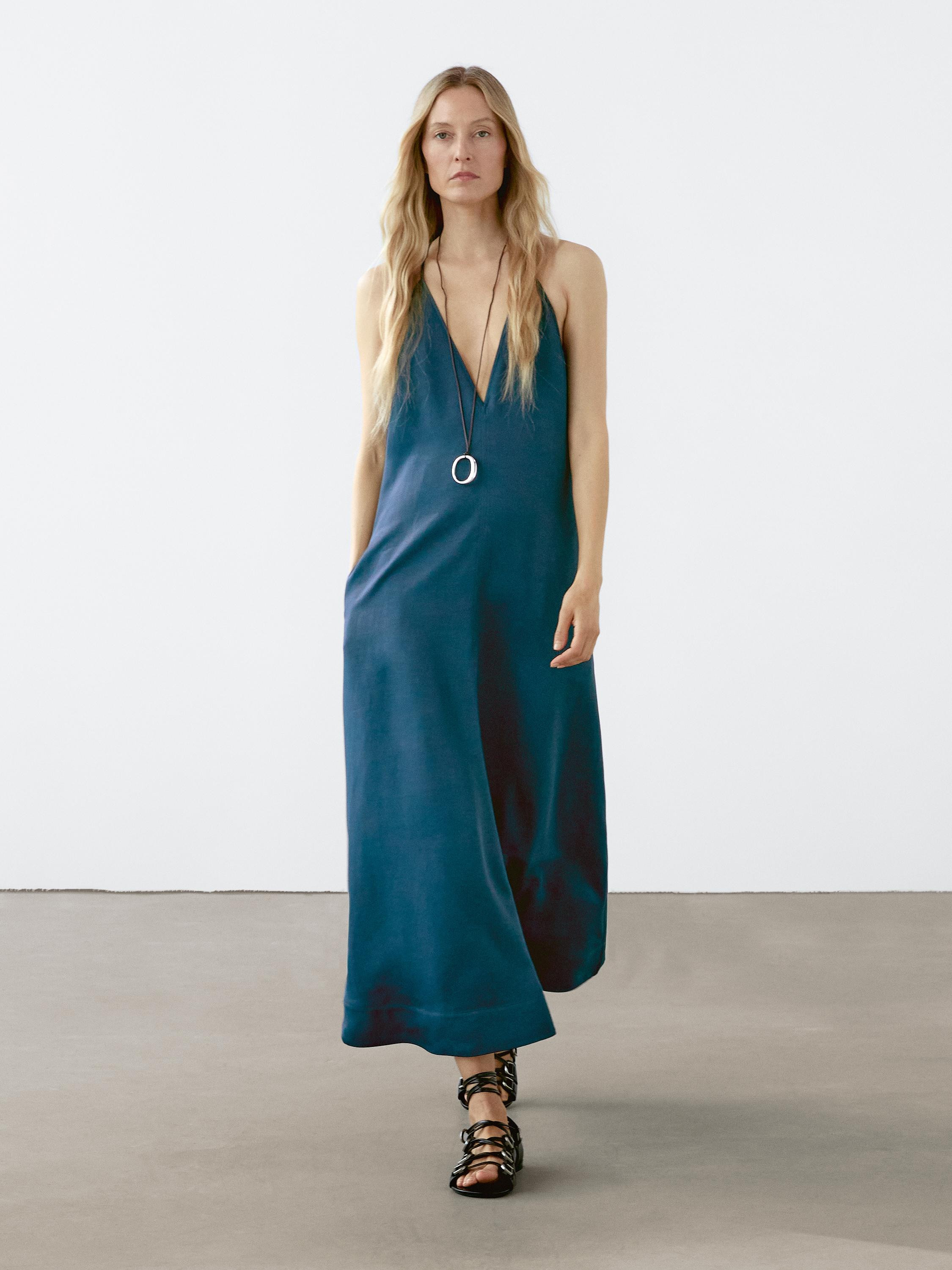 Long flowing V-neck dress | Massimo Dutti UK
