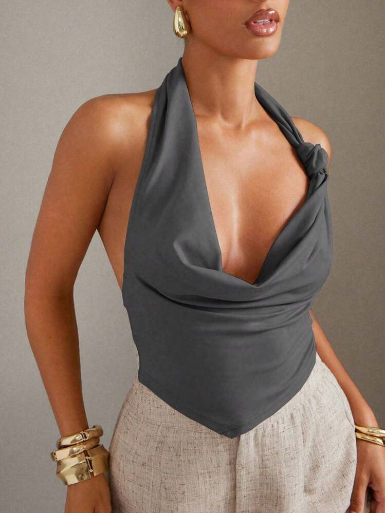 Hauture Women's Halter Neck Drape Back Sexy Sleeveless Top, Summer | SHEIN