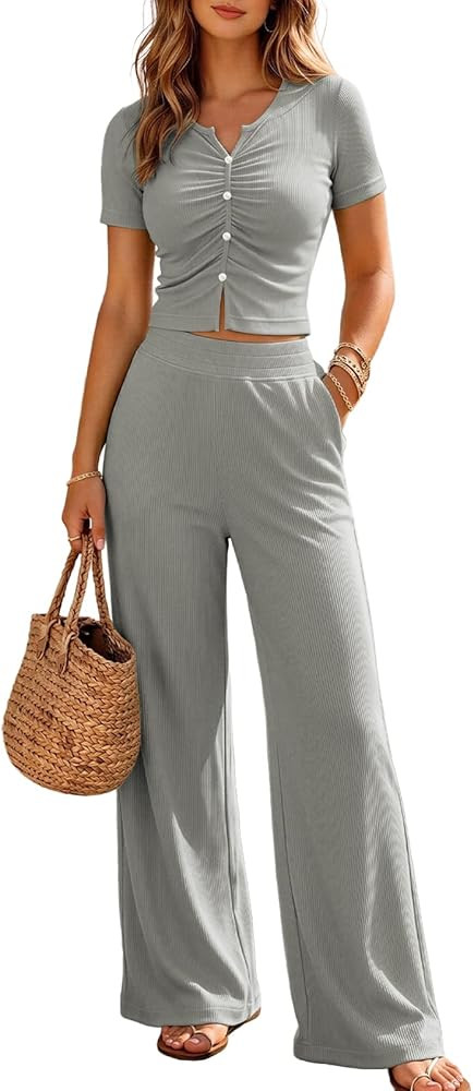 Outfeel Women's 2 Piece Lounge Set Knit Button Ruched Short Sleeve Crop Top Wide Leg Pants with P... | Amazon (US)