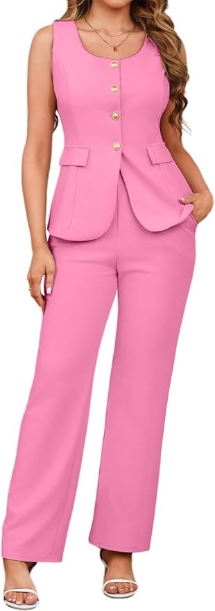 Womens Vest Sets 2 Piece Outfits Pant Suits for Women Dressy Sleeveless Blazer and Wide Leg Pants... | Amazon (US)