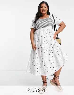 Influence Plus ruched front tiered midi dress in white polka dot | ASOS (Global)