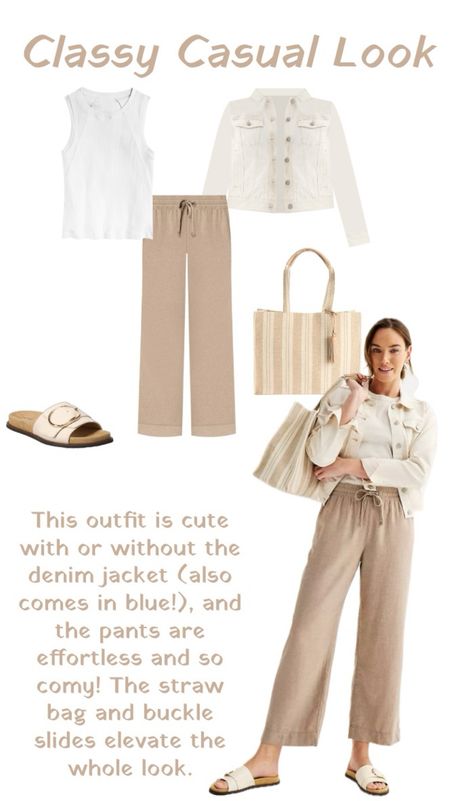 Classy Casual Look perfect for summer! 
…………….
linen pants white jean jacket denim jacket plus size outfit summer outfit summer trends white sandals birks dupes Birkenstocks dupes straw tote straw purse straw bag khaki pants white tank neutrals look neutrals outfit neutral pants work outfit work wear vacation outfit old money outfit classy outfit modest summer outfit capsule wardrobe essentials kohls finds kohls outfit women’s linen pants big buckle sandals beach vacation outfit resort wear beach vacation look travel outfit travel look casual outfit casual look 

#LTKMidsize #LTKFindsUnder50 #LTKPlusSize
