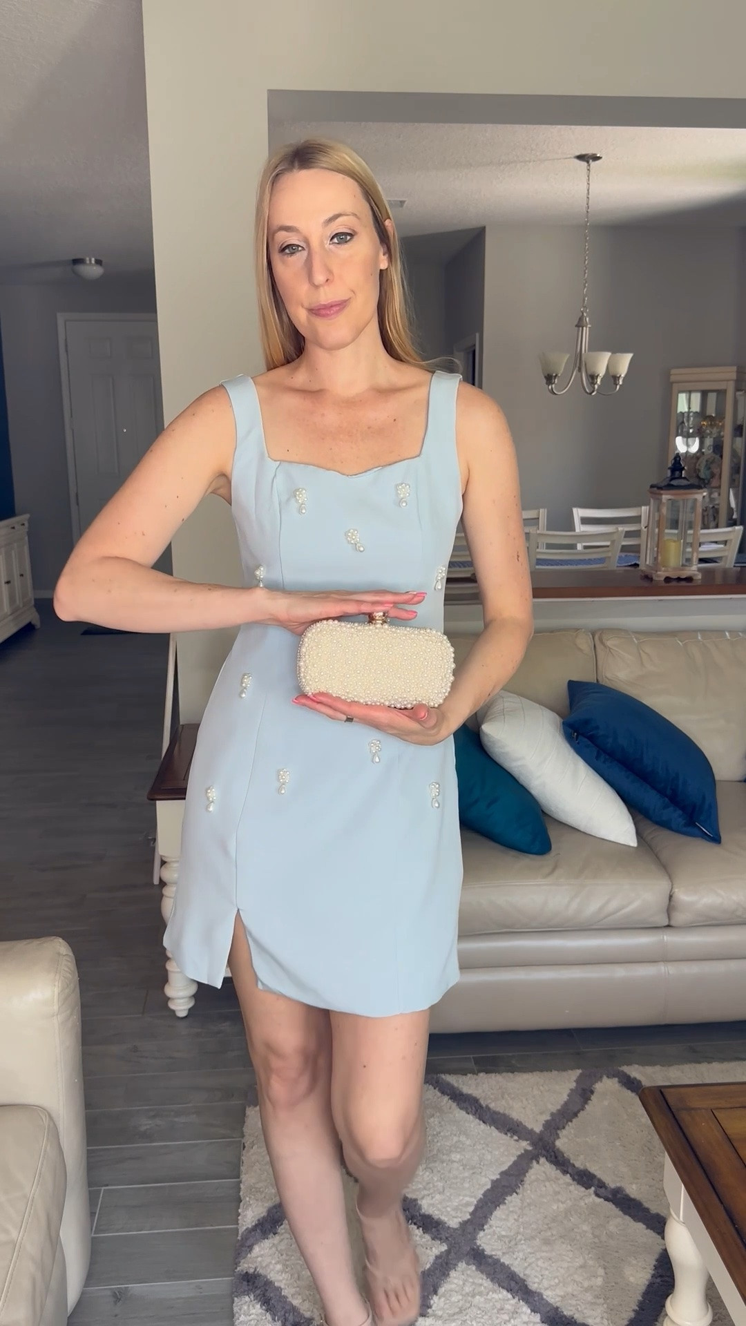 Light blue with pearl accent mini dress 
💙 I will be wearing this to my classy events this summer - boys baby shower 
💙 no stretch but fits slightly loose
💙wearing small in it, fits true to size and I am 5’10”