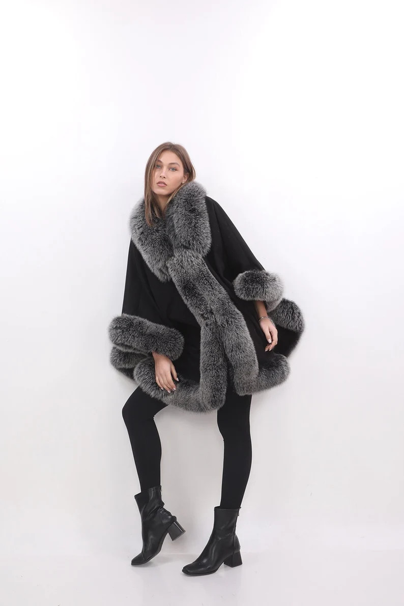 Black Cashmere Cape: Fox Fur Trim Poncho - Etsy | Etsy (US)