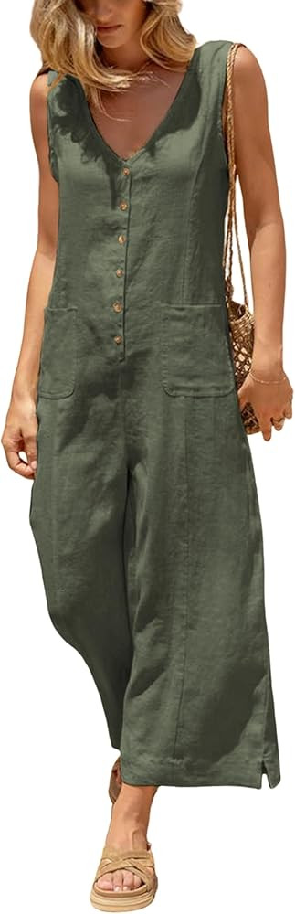Yeokou Women Button Down Jumpsuits Cotton Linen Sleeveless Casual Wide Legs Rompers Loose Overall... | Amazon (US)