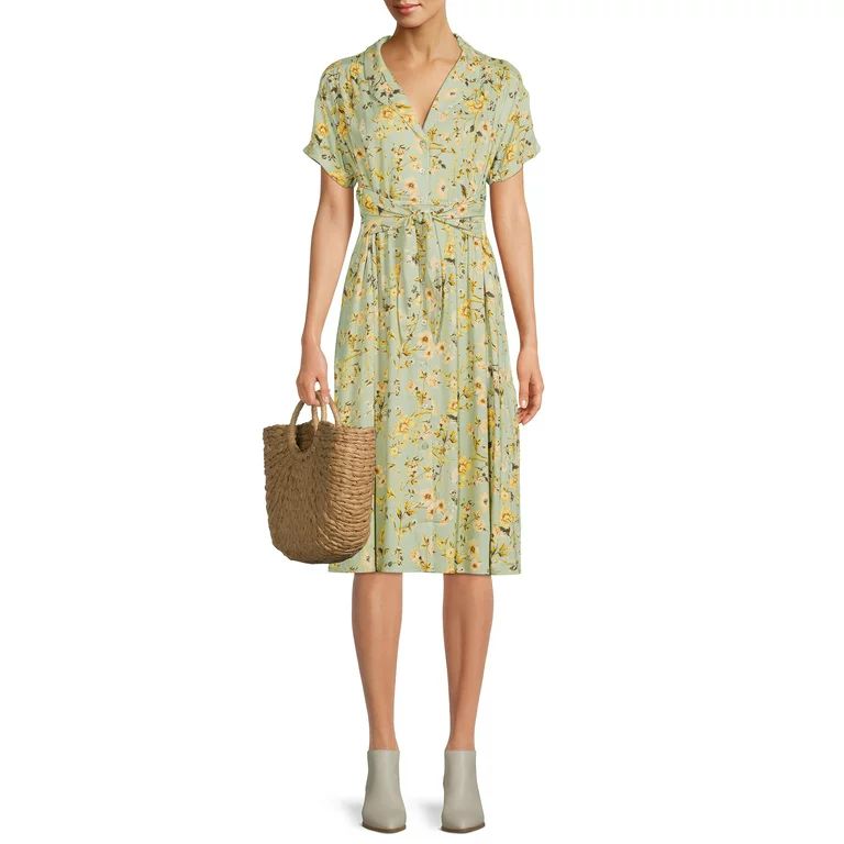 Time and Tru Women's Short Sleeve Woven Shirt Dress with Tie Front | Walmart (US)