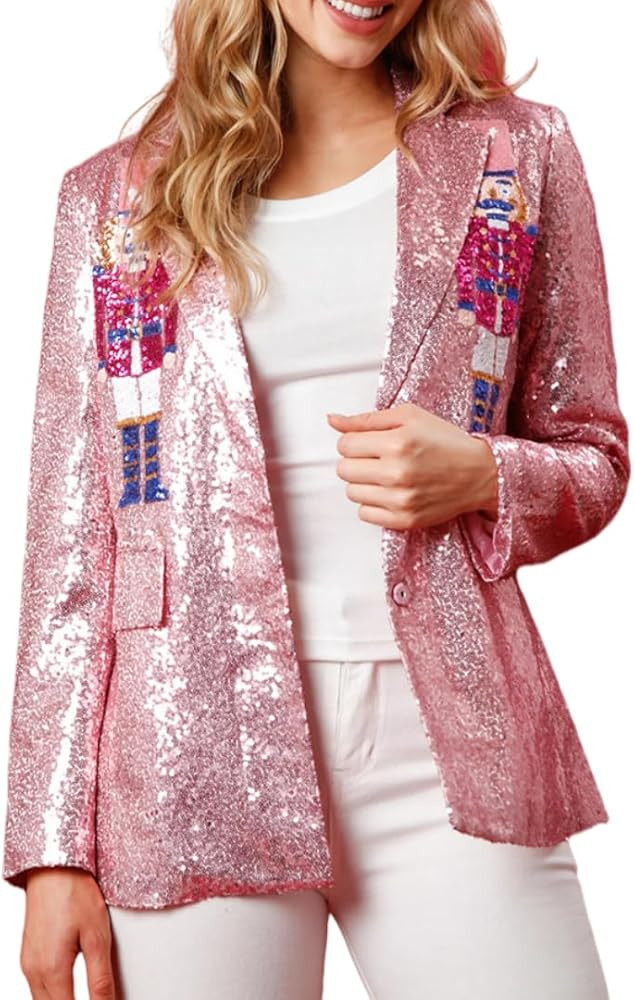 Nutcracker Blazer Pink Sequin Nutcracker Jacket Christmas Blazer Shiny Suit Jacket Open Front Gli... | Amazon (US)