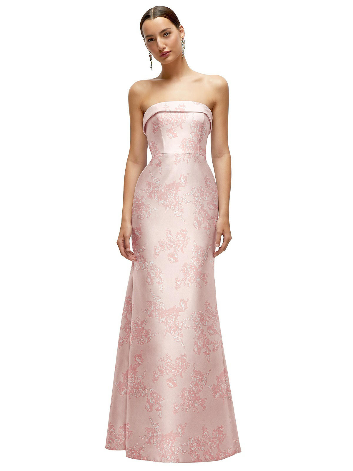 Strapless Cuff Neckline Floral Satin Trumpet Gown in Bow And Blossom Print | The Dessy Group