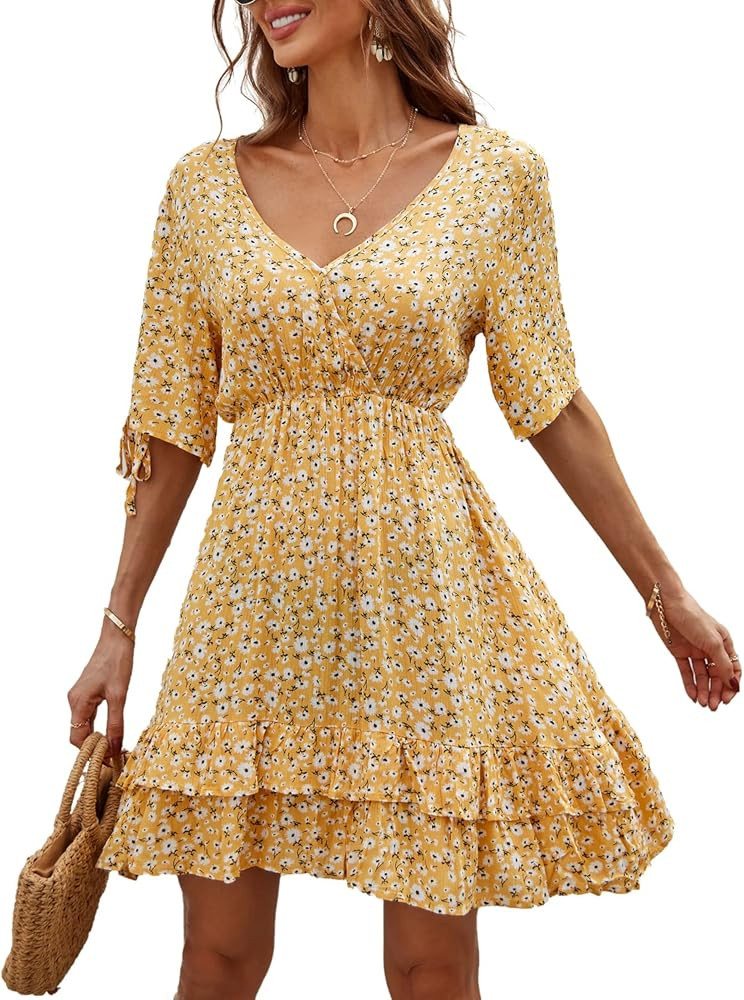 BROVAVE Women's Summer Casual Dresses Yellow Floral Dress Spring Floral Dress Summer Floral Dress | Amazon (US)