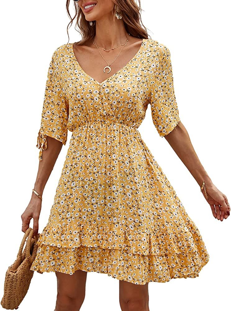 BROVAVE Women's Summer Casual Dresses V Neck Half Short Sleeve Floral Ruffle Mini Dress | Amazon (US)