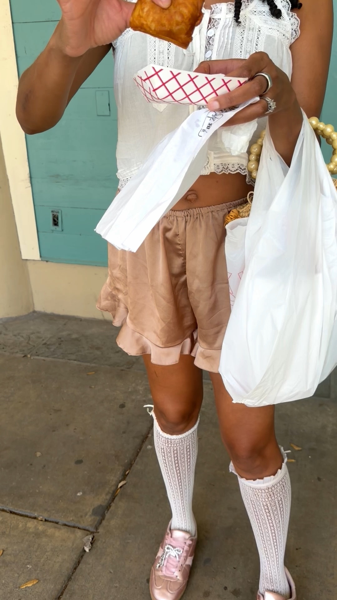 Satin shorts +
Lace top +
Lace socks 