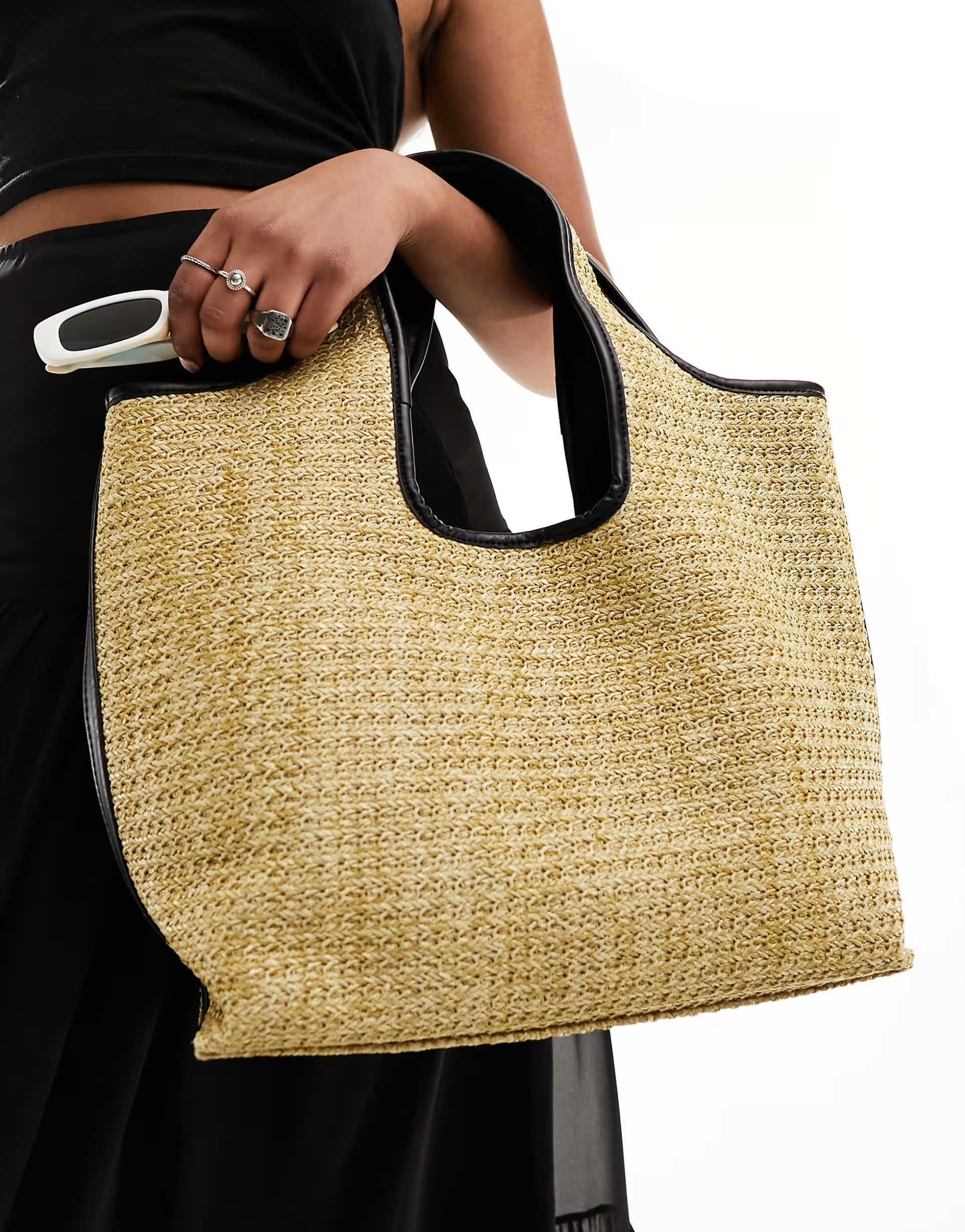 ASOS DESIGN straw tote bag with black tubular piping in natural | ASOS (Global)