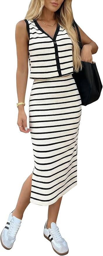 EXLURA Women Summer 2 Piece Skirt Sets Cotton Button V Neck Tank Top Matching Bodycon Midi Dress ... | Amazon (US)
