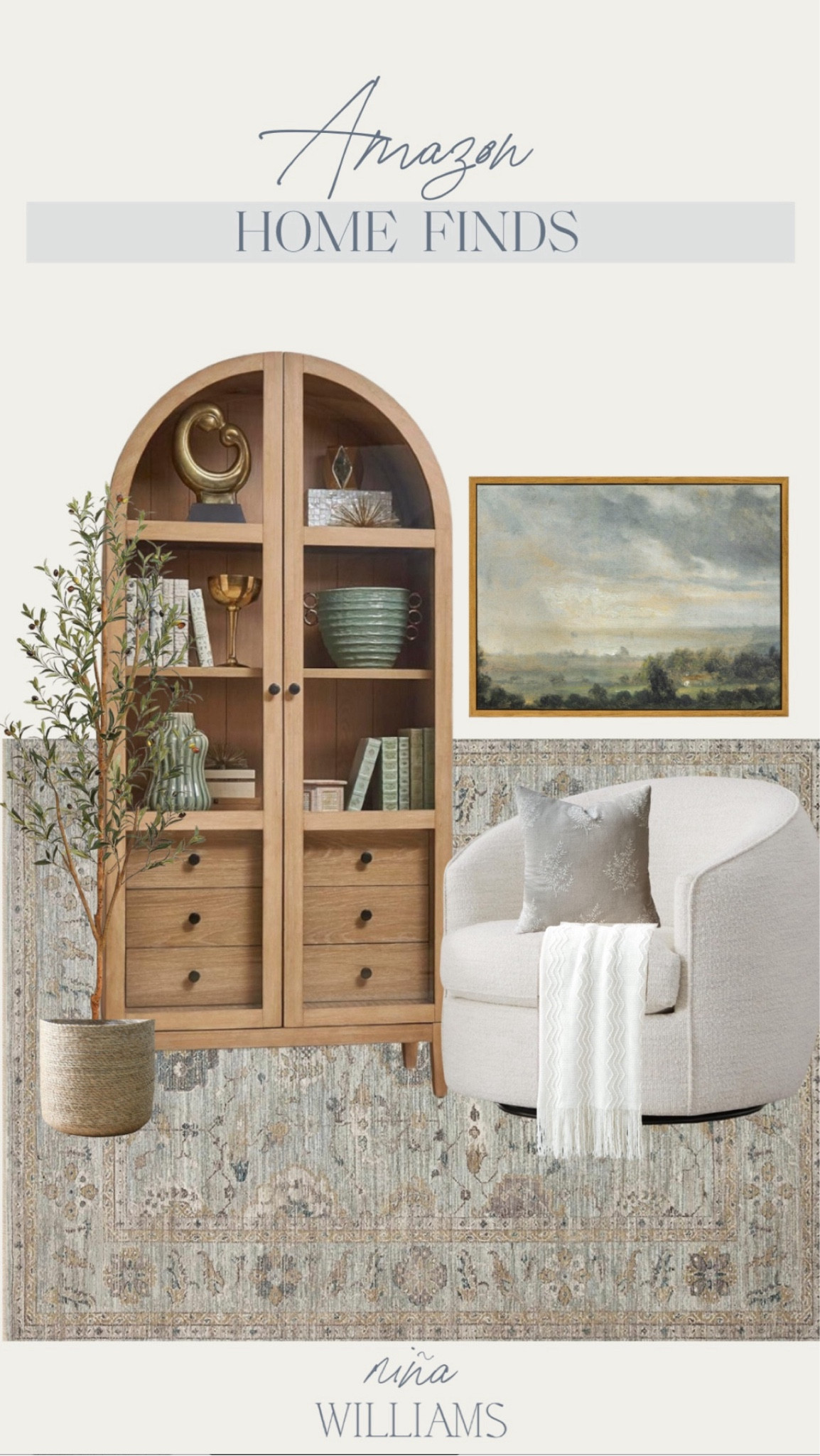 Amazon home finds! Swivel chair - arched book case - neutral decor faux olive tree - framed wall art -  throw blanket

#LTKStyleTip #LTKHome