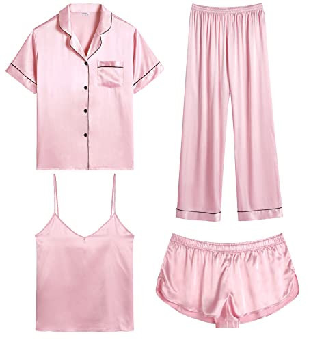 SWOMOG Womens 4pcs Pajamas Sets Silk Satin Sleepwear Sexy Cami with Button Down Short Sleeve Shir... | Amazon (CA)