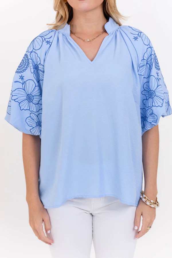 So Far So Good Blue Embroidered Blouse | The Mint Julep Boutique