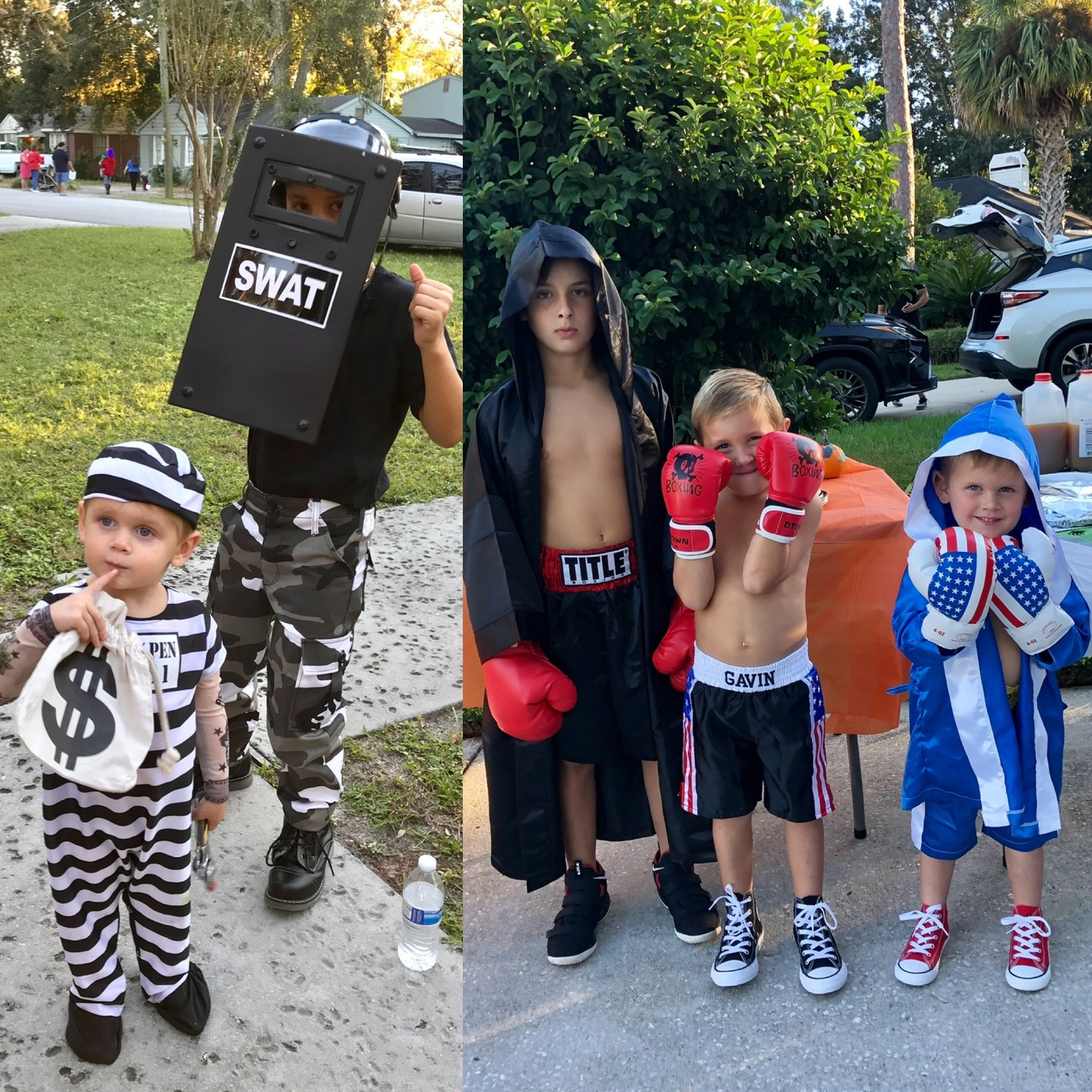 One my personal favorite costumes was the boxers. The satin  personalized shorts with their names on them - adorable. 
The inmate and swat team was a kid pick- cute, easy & cheap. 

#LTKHalloween #LTKkids #LTKfamily