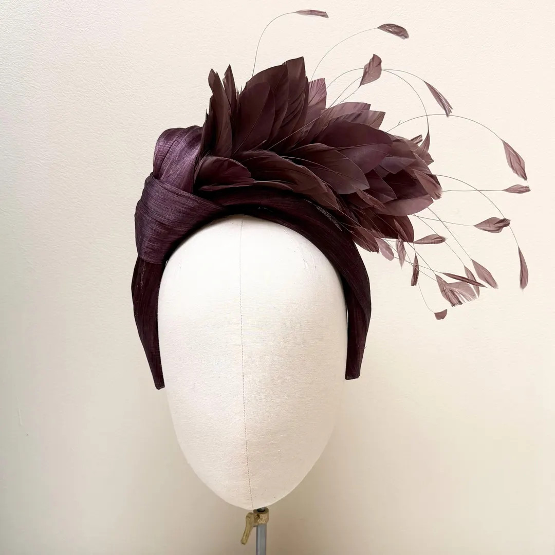 Aubergine Plum Feather Fascinator Headband, Silk Abaca Feather Headpiece - Etsy | Etsy (US)