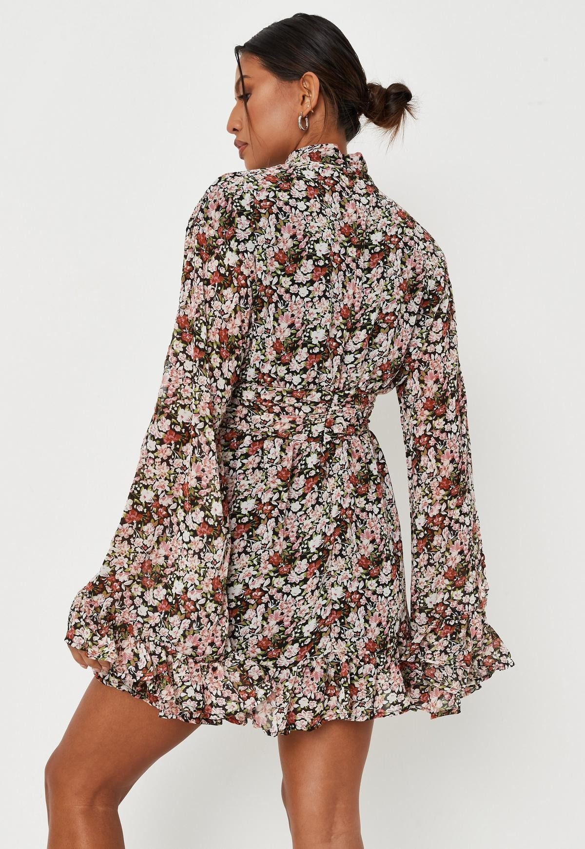 Missguided - Black Floral Print High Neck Pleated Waist Dress | Missguided (US & CA)
