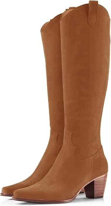 Women Cowboy Knee High Boots Chunky Block Heel Square Toe Tall Riding Boots | Amazon (US)