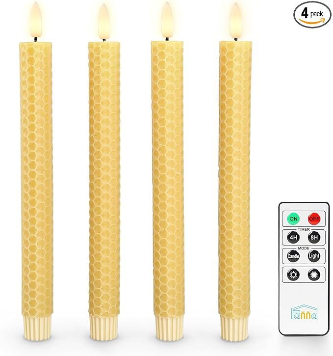 Fanna 4 Yellow Honeycomb Flameless Taper Candles with Remote for Home Decor, Wax Finished Battery... | Amazon (US)