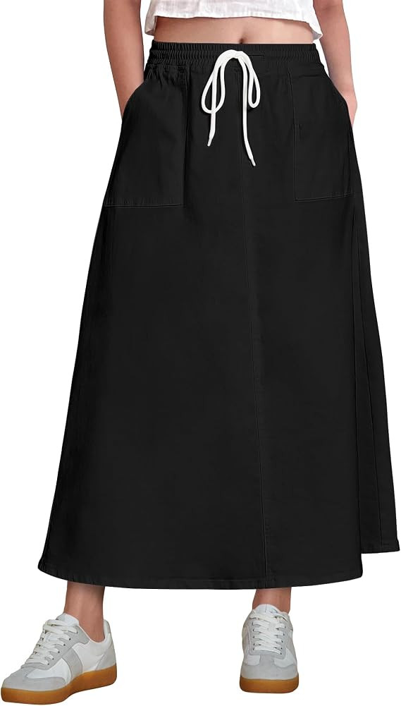 luvamia Denim Skirts for Women Trendy A Line Long Maxi Pull On Elastic Waist Drawstring Stretchy ... | Amazon (US)