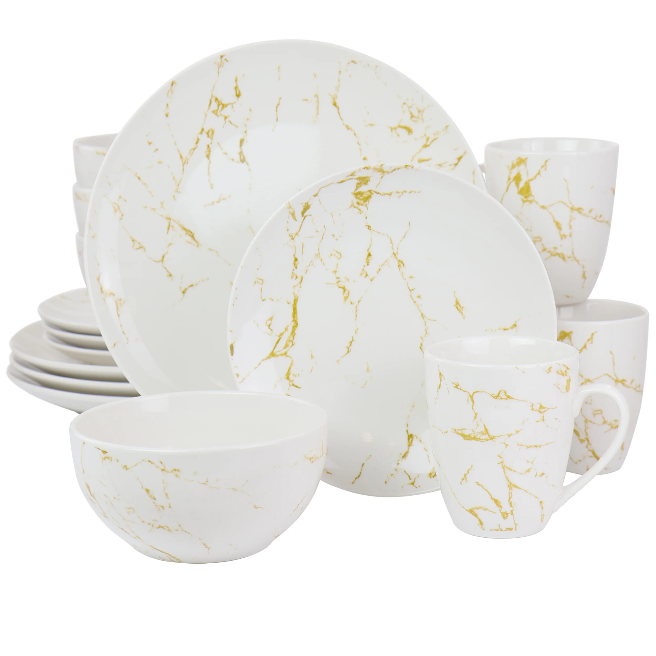 Elama Fine Marble 16 Piece Stoneware Dinnerware Set in Gold and White - Walmart.com | Walmart (US)