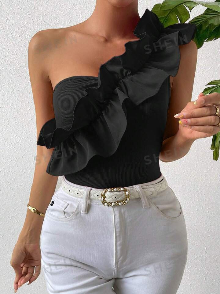 SHEIN Privé One Shoulder Ruffle Trim Bodysuit | SHEIN