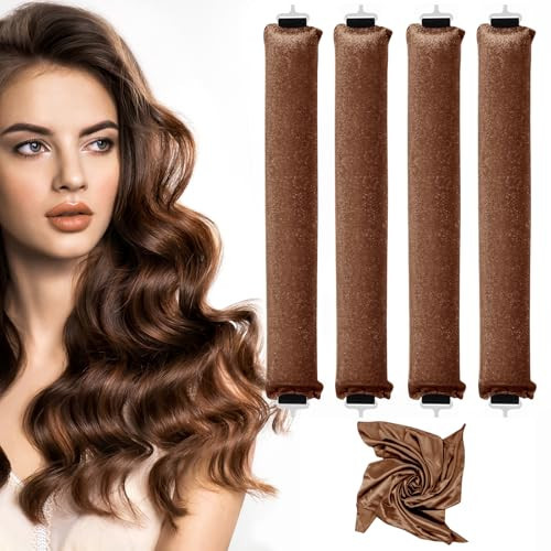 Heatless Curlers, Heatless Curls Overnight Set for Women, Soft Hair Curlers to Sleep In, Jumbo No Heat Hair Curlers Set with Headscarf and Hook for Long Hair (DarkBrown, 4 Packs) | Amazon (US)