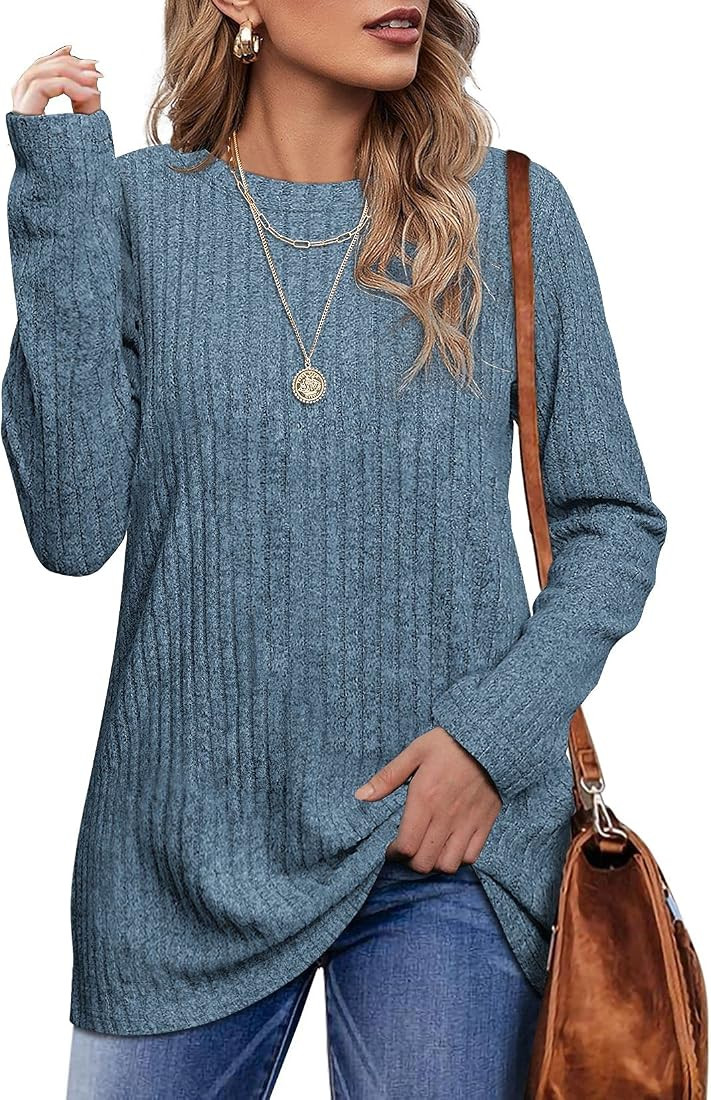 Long Sleeve Shirts for Women Lightweight Crew Neck Casual Tunic Tops | Amazon (US)