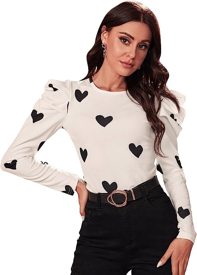 SweatyRocks Women's Elegant Puff Long Sleeve Round Neck Plaid Print T Shirt Tops | Amazon (US)