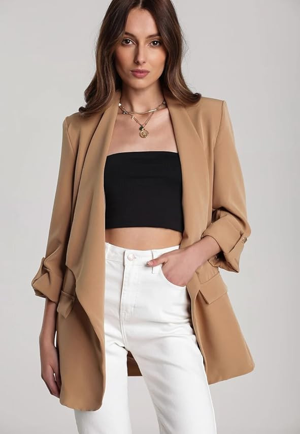 Meladyan Women Shoulder Pad Oversized Linen Blazer Notch Lapel V Neck Casual Open Button Front Jacke | Amazon (US)