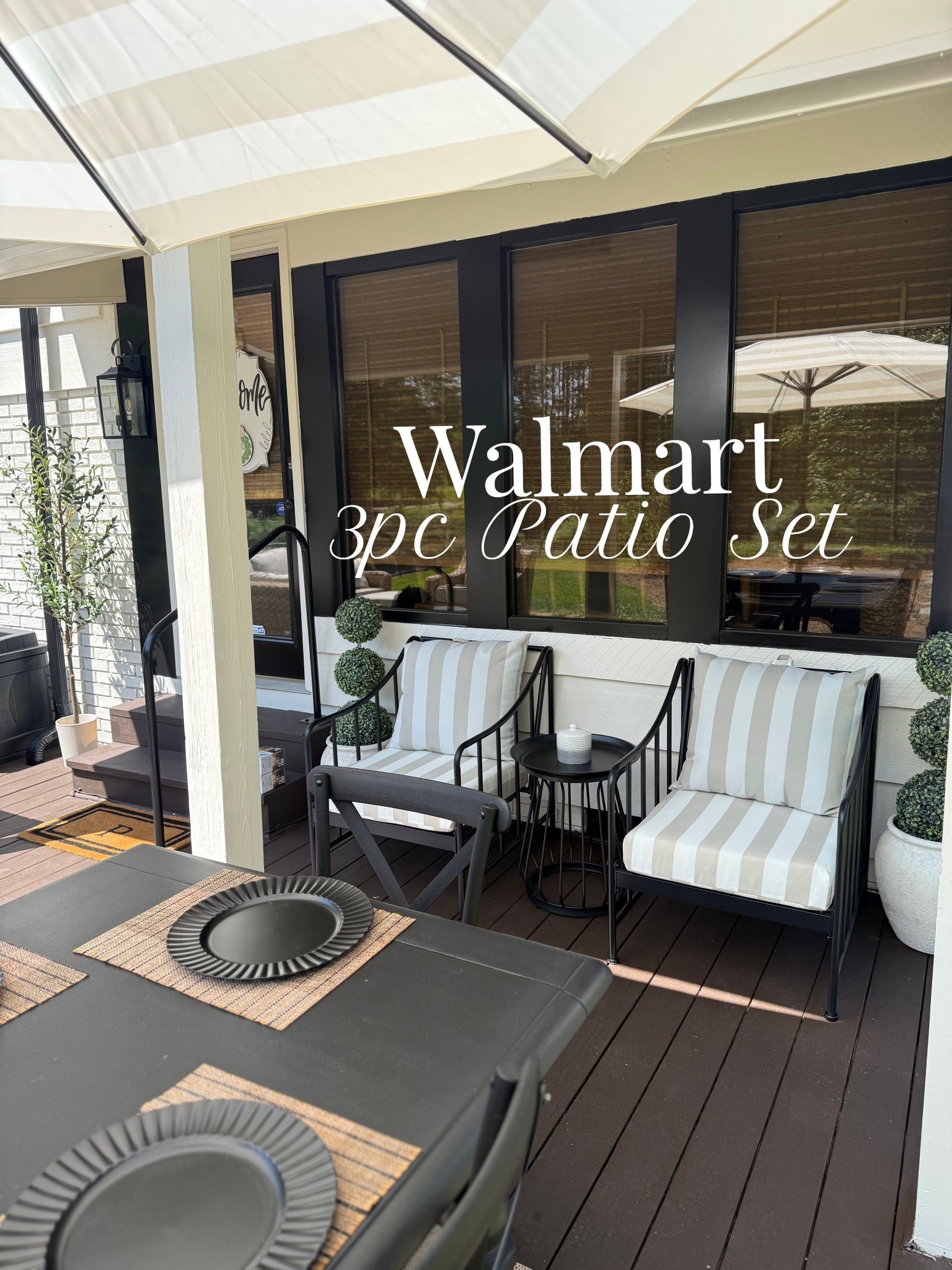 BACK IN STOCK! Act quick though because this viral set sells out FAST!  This 3 piece patio chat set is a favorite! Love the comfort, style and affordability. Comes in cream as well as a striped. These cushions are Mainstays brand cabana stripe (I just recently changed from the black and white striped)   #ltkwalmart #walmart #patioset #furniture #outdoor

#LTKSeasonal #LTKHome #LTKSaleAlert