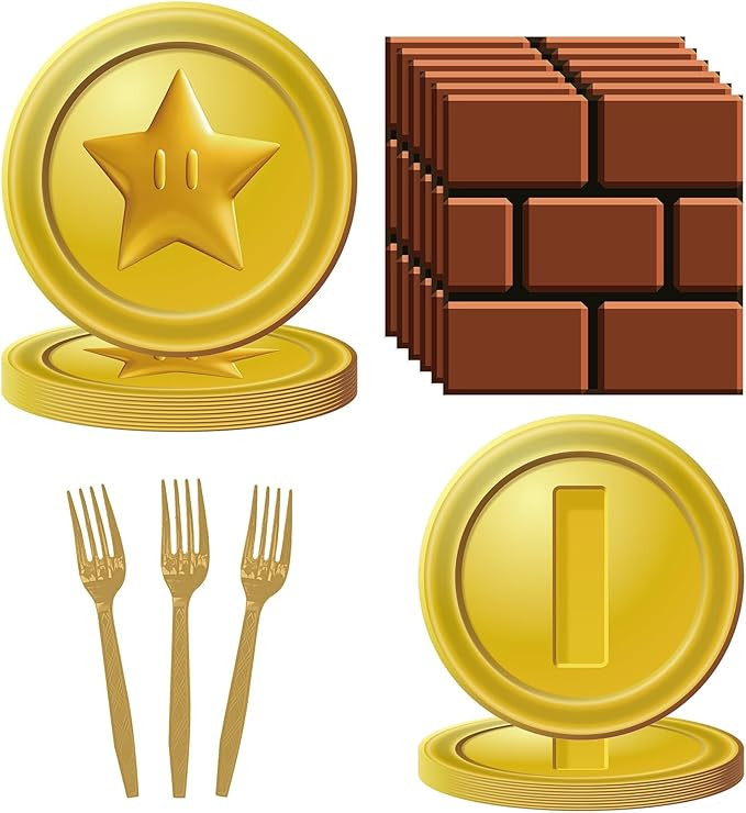 80PCS Mario Bros Birthday Supplies Kit for 20 Guests - Gold Mario Bros Theme Party Tableware Pack... | Amazon (US)