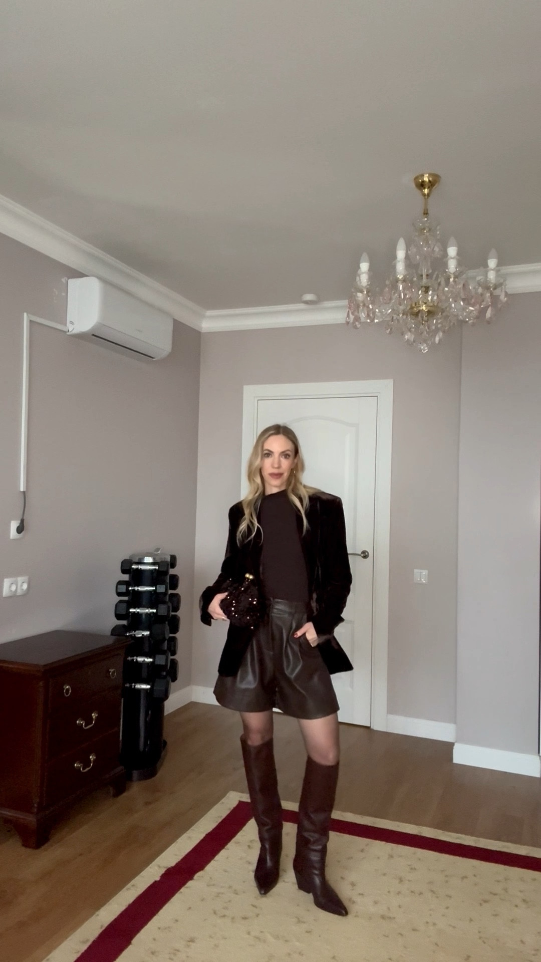 Holiday outfit, holiday party look, brown velvet blazer, brown faux leather shorts, Paris Texas chocolate brown boots, shorts with sheer tights date night look, Zara brown sequin clutch 

#LTKHoliday #LTKFindsUnder100 #LTKOver40