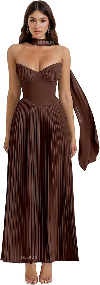 Strapless Pleated Bridesmaid Dresses with Scarf Long A-Line Chiffon Prom Formal Wedding Guest Dre... | Amazon (US)