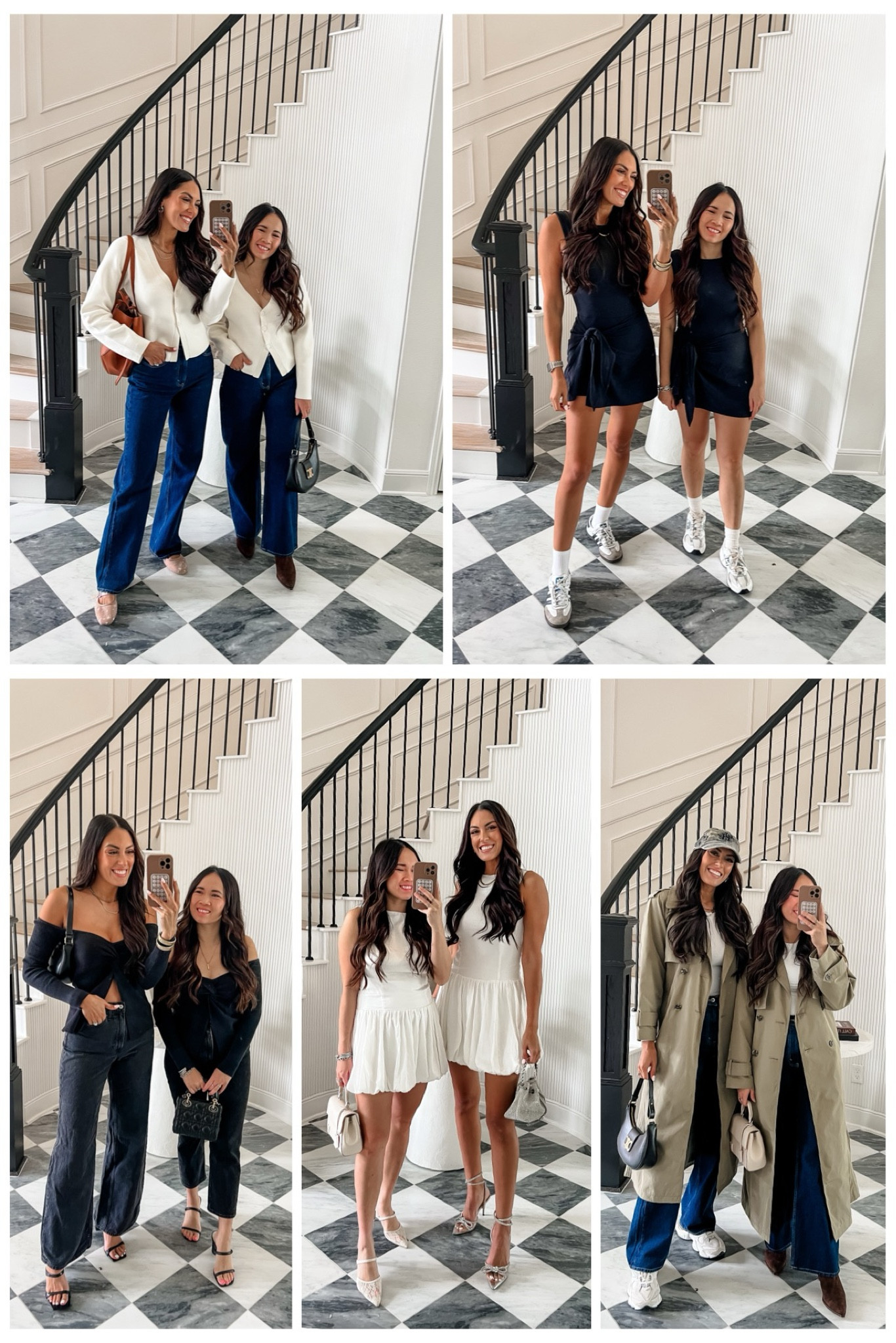 ⭐️ Outfit 1
Annie- Top- S, Bottoms-27 Petite 
Margret- Top- S, Bottoms-26 Tall

⭐️Outfit 2
Annie- Dress Small Petite
Margret- Dress XSmall Tall

⭐️ Outfit 3
Annie- Top Small, Bottoms- 26 Petite
Margret- Top Small, Bottoms- 25 Tall 

⭐️ Outfit 4
Annie- Dress Small Petite
Margret- Dress Small Tall

⭐️ Outfit 5
Annie- Top Small, Bottoms- 26 Petite, Jacket- Small Petite
Margret- Top Small, Bottoms- 25 Tall, Jacket- Small Tall 
