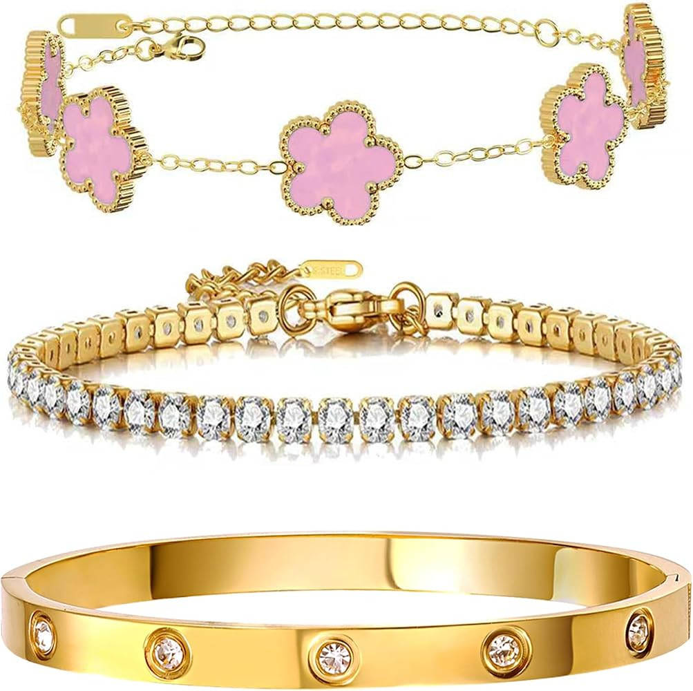3-Piece Lucky Flower Stackable Bracelet Set - 14K Gold Plated Stainless Steel with Cubic Zirconia... | Amazon (US)