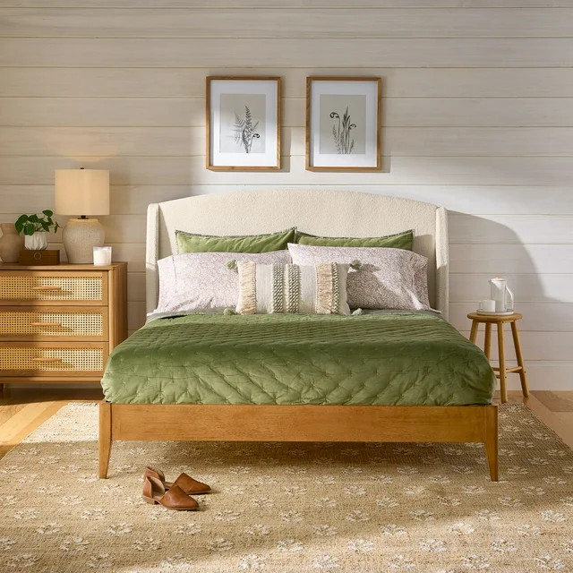 Better Homes & Gardens Springwood Upholstered Queen Bed, Shearling and Light Honey Finish | Walmart (US)