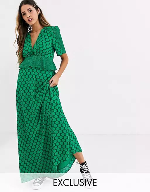 Twisted Wunder ruffle waist detail maxi dress in contrast green polkadot print | ASOS (Global)